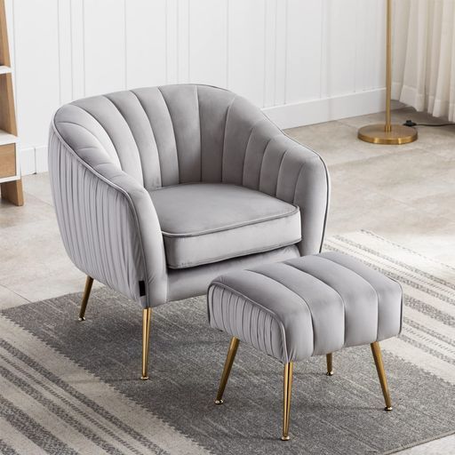 Altrobene 1人掛けソファーオットマン付きベルベットソファモダン一人暮らし座り心地が良いカウチ組み立ても簡単リビングソファグレー