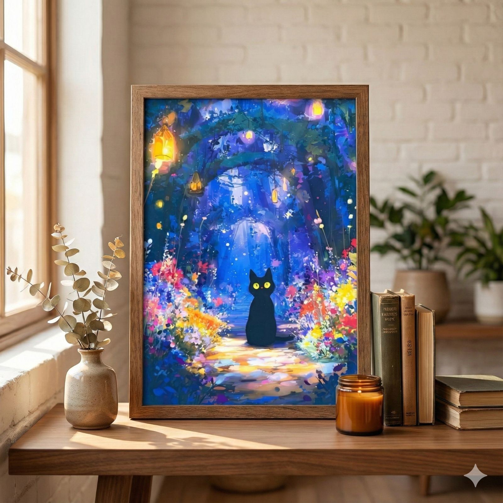 黒猫 ファンタジー アート 絵画 夜景 インテリア 2L額付き 置き型