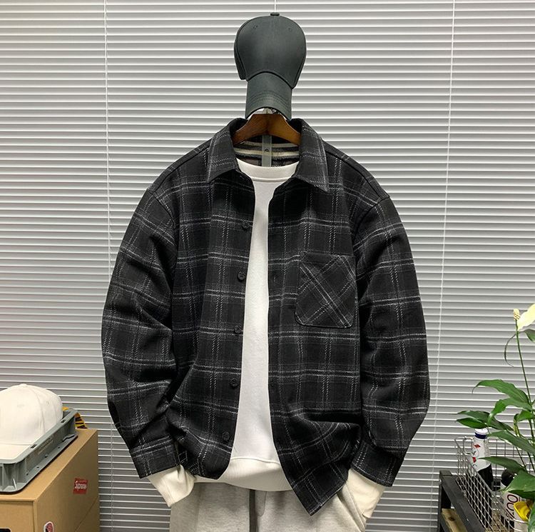 ♥ ヴィンテージチェック 起毛厚手 長袖シャツジャケット メンズ 秋冬 ハイストリート シャツ K