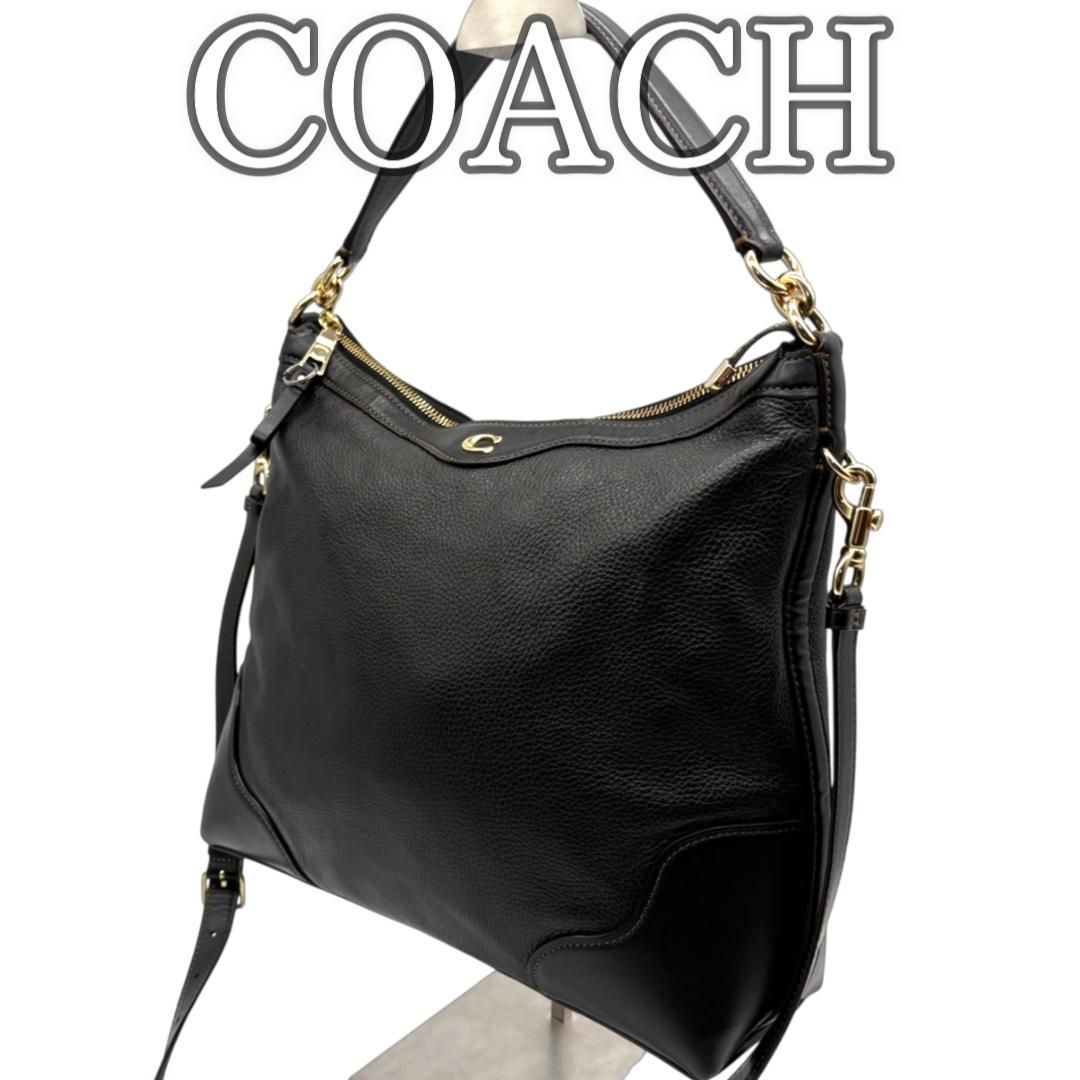 コーチ COACH レザー ショルダーバッグ ブラック 35846 2 way 肩掛け 斜め掛け ゴールド金具 シボ革 ロゴプレート レディース 上品 モデル