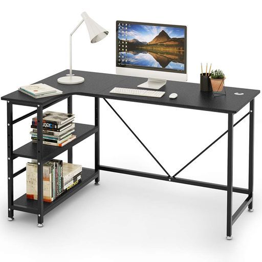 DEWELコーナーデスクL字型幅140 cmモニターアーム取付対応パソコンデスクテレワーク用2段階収納ラック付き木製L字デスク収納棚付きオフィスデスクPCワークデスク事務机木目柄勉強机省スペ…