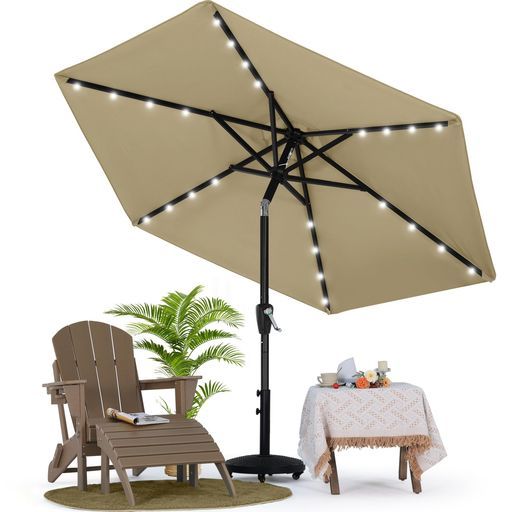 マスターキャノピー LEDライト付きガーデンパラソル角度調節 ハンドル回転式日除け撥水庭アウトドア 230 cmカーキ