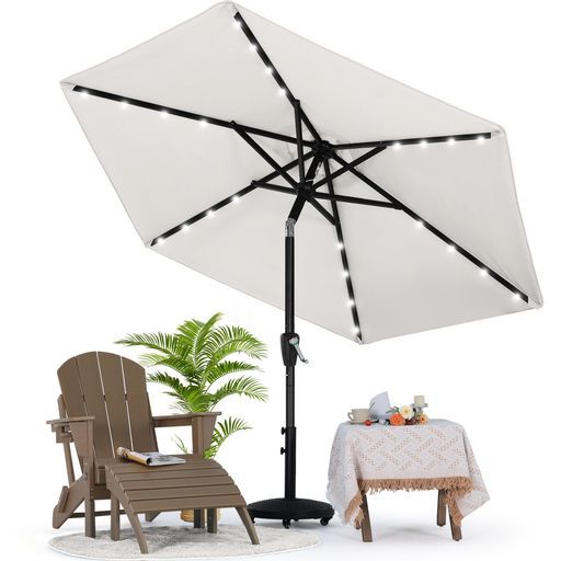 マスターキャノピー LEDライト付きガーデンパラソル角度調節 ハンドル回転式日除け撥水庭アウトドア 230 cmアイボリー