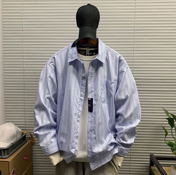 ♥ ストライプ柄 長袖シャツジャケット メンズ 春秋 K