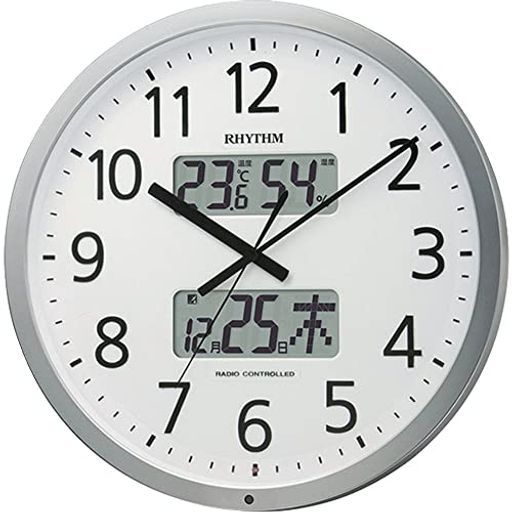 リズム RHYTHM 掛け時計電波時計オフィス24回チャイム機能温度湿度カレンダー時報機能シルバーΦ38 x 5.7 cmオフィス用品工場事務所プログラムカレンダー