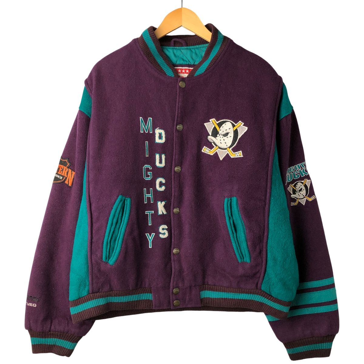 FANS NHLマイティーダックス中綿ナイロンジャケットパーカー　ヴィンテージ 古着 90年代 CAMPRI NUTMEG NHL ANAHEIM DUCKS アナハイムマイティ