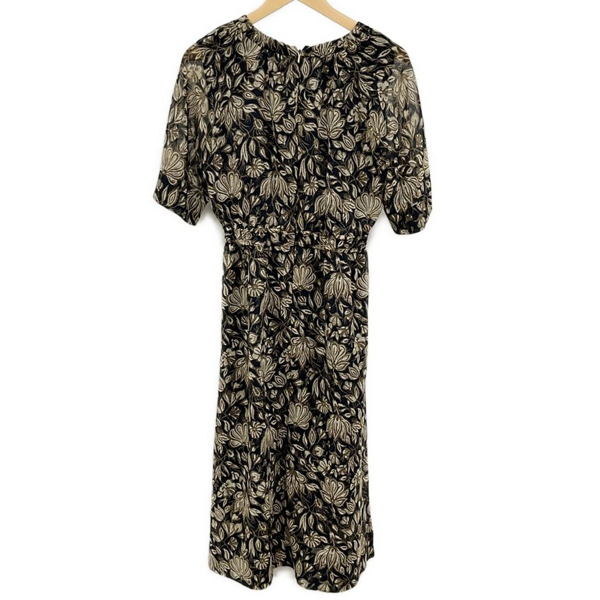 EPOCA エポカ ワンピース サイズ40 M レディース - ダークネイビー×カーキ×アイボリー ボウタイ|七分袖|ロング|花柄