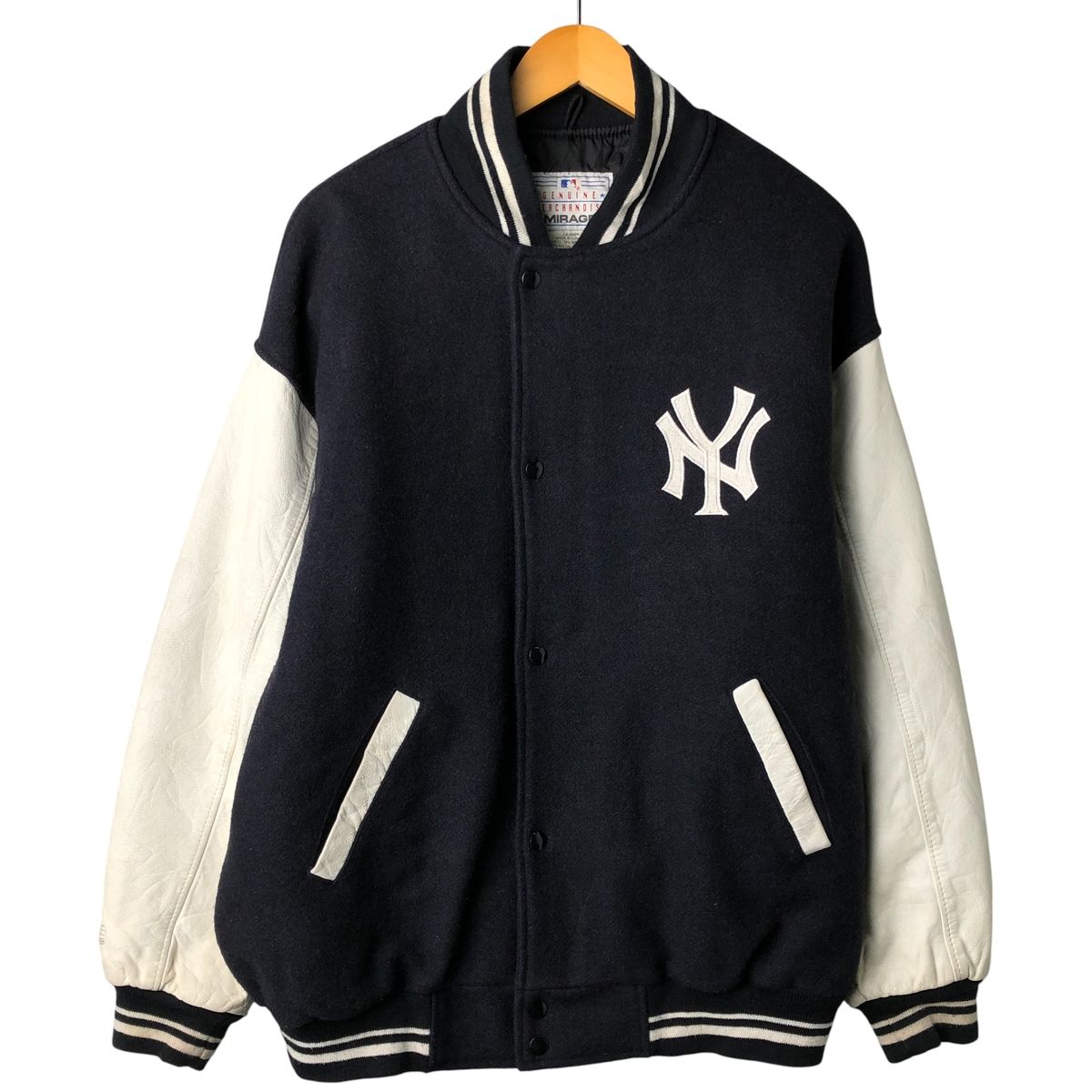 古着 90年代 MIRAGE MLB YORK YANKEES ニューヨークヤンキース 中綿入り 袖革ウールボタンスタジャン|eaa 605558