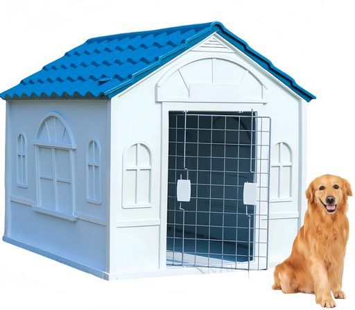 犬小屋ドッグハウスペットハウス98*84*82 cm屋根と鉄扉付きプラスチック犬舎通気性防風防雨安定性と耐久性組立簡単水洗い四季通用小型犬中型犬大型犬用家庭テラス裏庭室内屋外-1