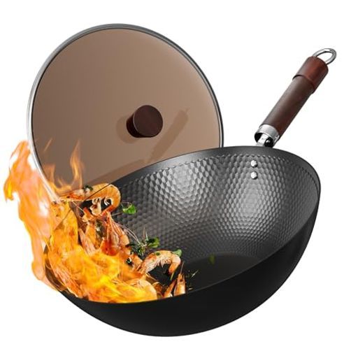 Armorbear鉄製中華鍋ガラス蓋付き30 cm炭素鋼フラット底IH対応トリプル窒化処理で高い防錆効果