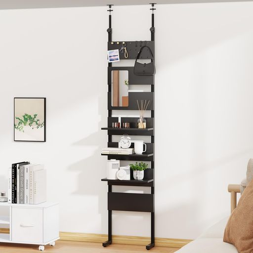 ミラー フック パンチングボード付き LunarLightつっぱり棚突っ張り棒有孔パネル付き幅40 x奥行き18.5 x高さ191.5~270 cm突っ張り壁面ラック壁面収納ウォールラック可動棚 段差…