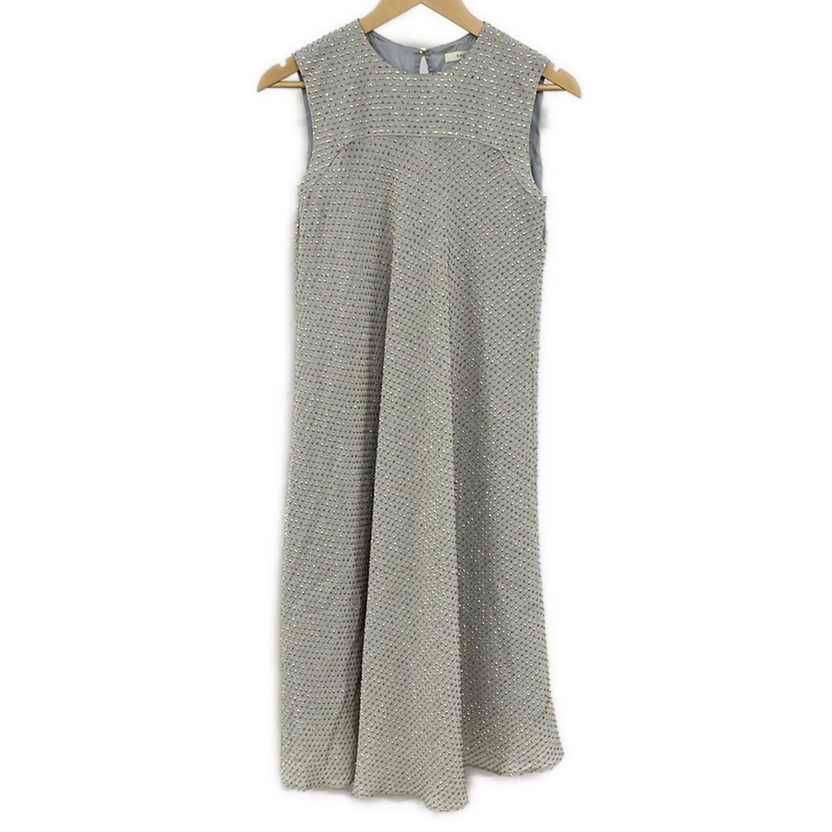 エポカ ワンピース サイズ40 M レディース - ライトグレー×ゴールド クルーネック|ノースリーブ|ロング|ドット柄|ストライプ|刺繍