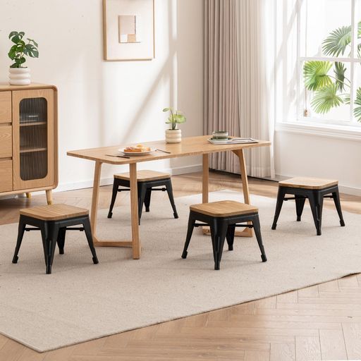 ローチェアスタッキングチェア4脚セット完成品低めの木製座面ブラック金属脚座面高30.5 cm背もたれなし省スペース設計コンパクト収納和室玄関こたつ低いダイニングテーブル子ども…