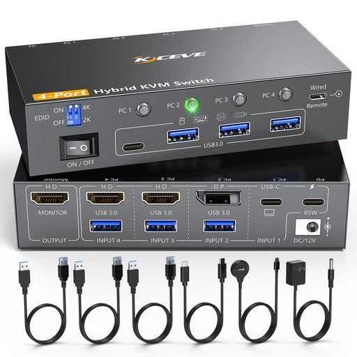 スイッチEDID機能4入力1出力 2 HDMI 1 DP Type-C系統入力 デスクトップPC ノートPC対応4 K 60 HzKVM切替器 ノートパソコンPD充電 4台のPCで1台のモニターと1組のキーボードマウスを共有