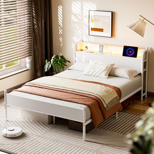 IKIFLYベッドフレームダブルベッドパイプベッドコンセントUSB充電付きダブルスチールすのこベッド収納宮棚付きLEDライト付き2段階高さ調整頑丈カビ防止安定性耐久性耐荷重350 KG組立簡単