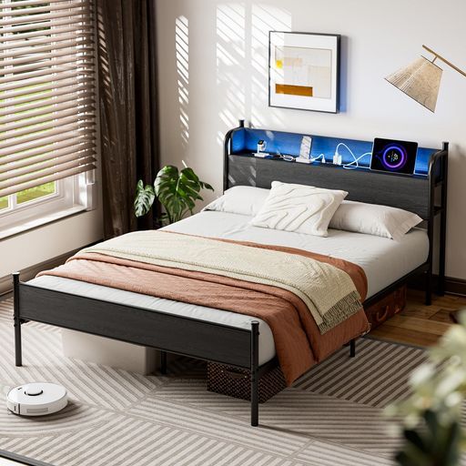 IKIFLYベッドフレームダブルベッドパイプベッドDコンセントUSB充電付きダブルスチールすのこベッド収納宮棚付きLEDライト付き2段階高さ調整頑丈カビ防止安定性耐久性耐荷重350 KG組立簡単