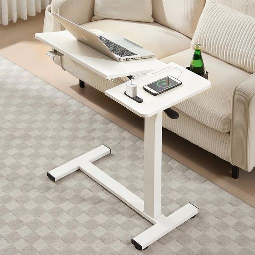 サイドテーブルキャスター付き折りたたみ昇降式デスクコンセント付きスタンディングデスクPCテーブル最大耐荷重70 kgガス圧ベッド横ソファデスク幅80 x奥行40 x高さ63~101 CM木目介護ロ…