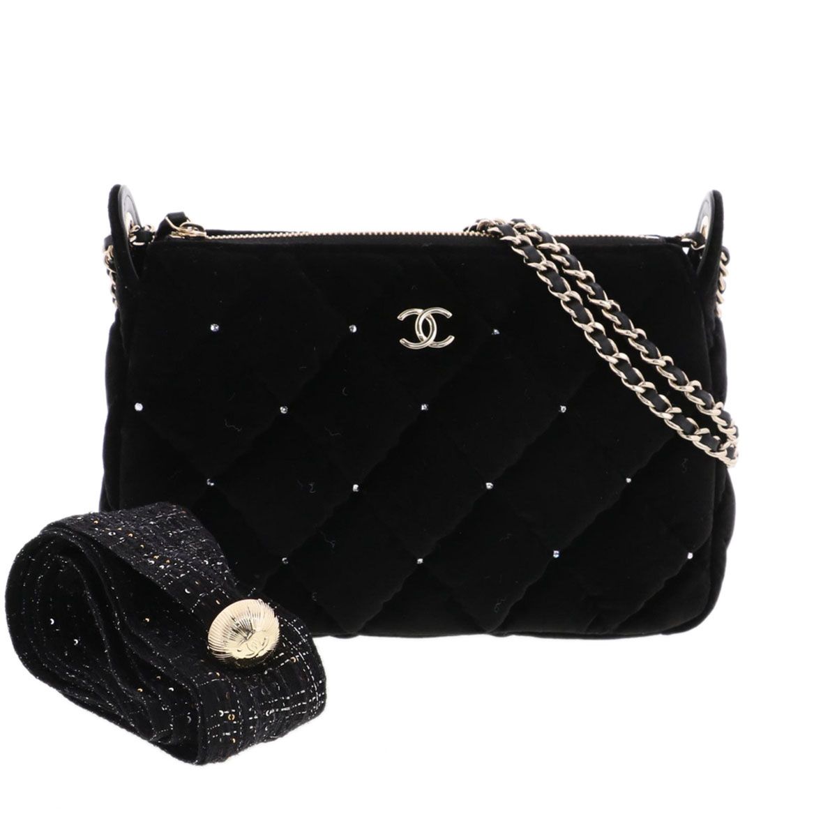 CHANEL シャネル ベロア＆ラインストーン チェーンショルダーバッグ