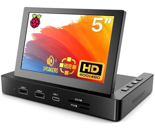 ROADOM小型モニター5インチミニモニターラズベリーパイディスプレイRaspberryPi取り付け穴プレセットUSBハブ搭載 Type-C 1本接続デュアルスピーカー内蔵800 x 480 IPS画面1920 1080互換 金属側枠