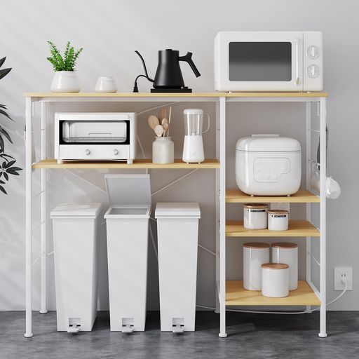 LunarLightゴミ箱上ラックゴミ箱収納レンジラックレンジ台食器棚キッチン収納キッチン棚カウンタータイプ料理台可動式棚5段階高さ調整左右差し替えコンセント付きフック 付き耐震転倒…