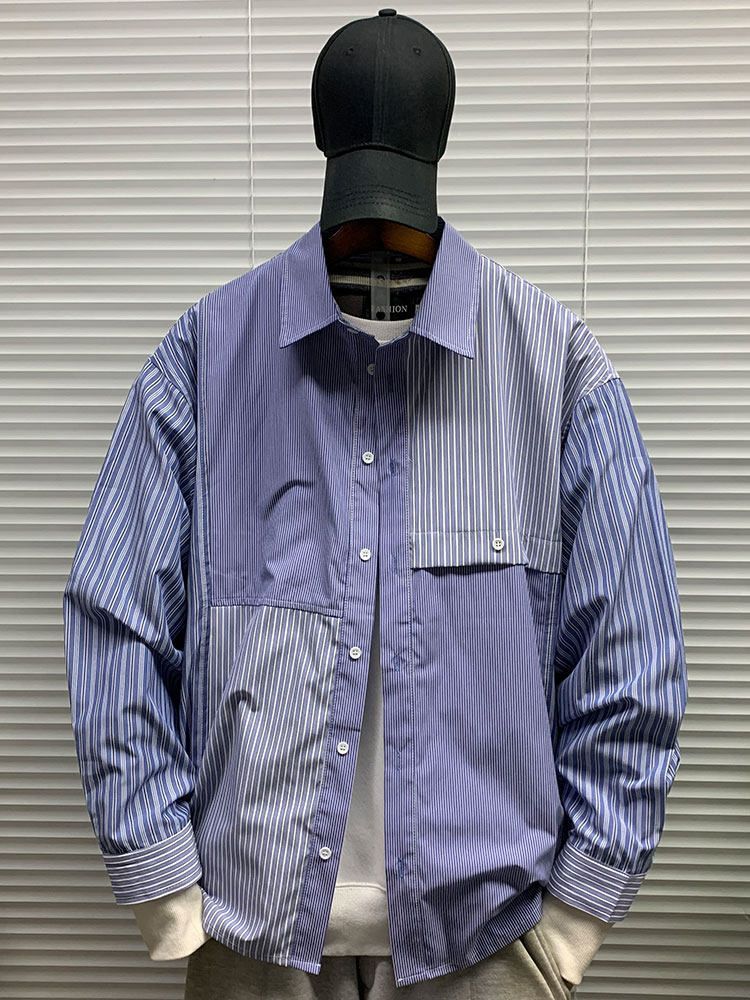 ♥ 切り替えストライプ チェック シャツジャケット メンズ 春秋 K