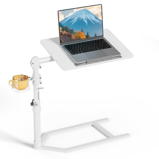 ベッドテーブル昇降角度調節 天板360°回転幅50 x奥行34 cm高さ47~70 cm耐荷重8 kgコンパクトサイドテーブルカップホルダー付きケーブルクリップ付き転落防止機構介護テーブル