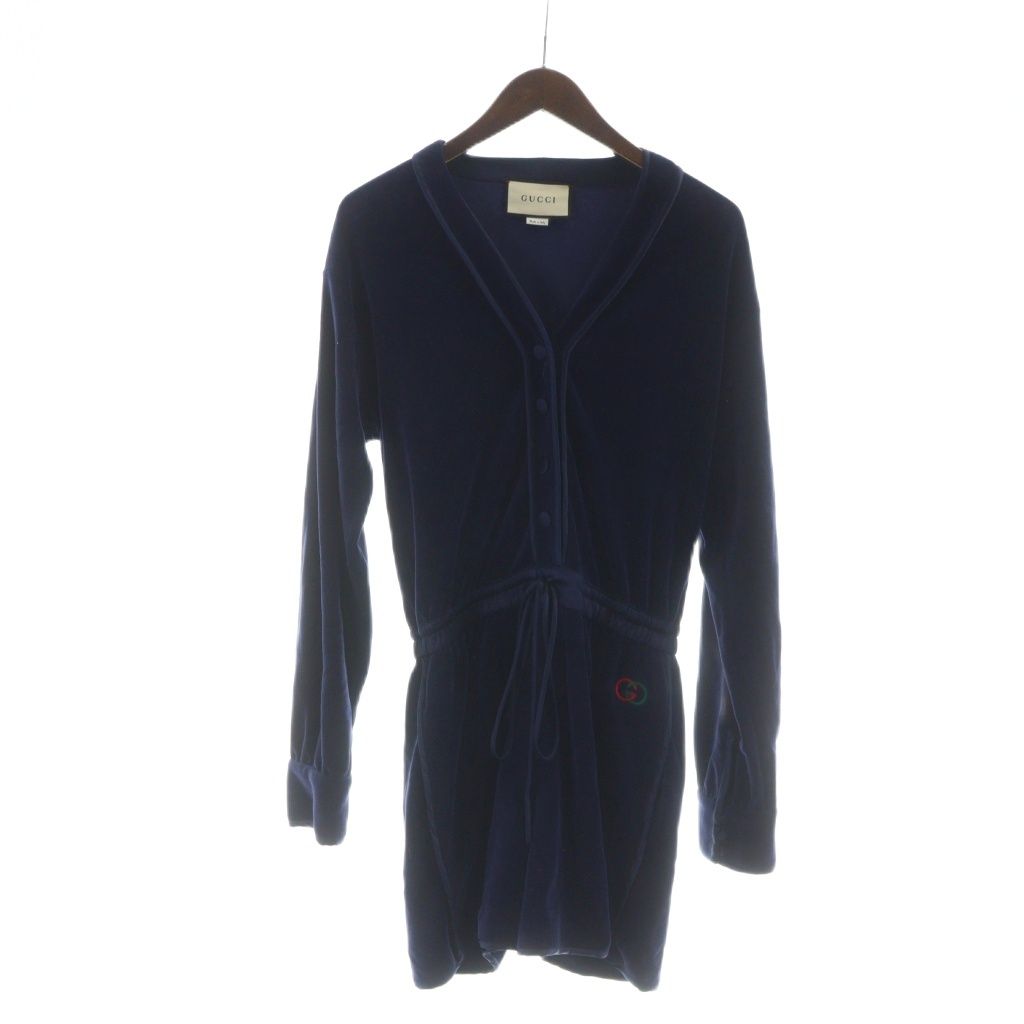 グッチ GUCCI ロンパース ハーフパンツ オールインワン 長袖 ロゴ ベロア シングル 絹 シルク S 紺 ネイビー |MQ