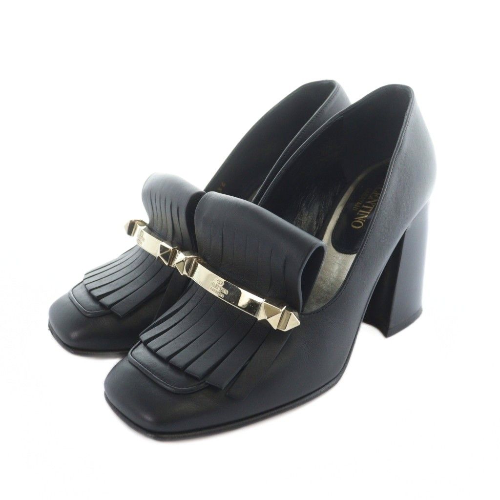 ヴァレンティノ ガラヴァーニ パンプス スクエアトゥ チャンキーヒール タッセル スタッズ レザー 36 25 cm 黒 ブラック |MQ