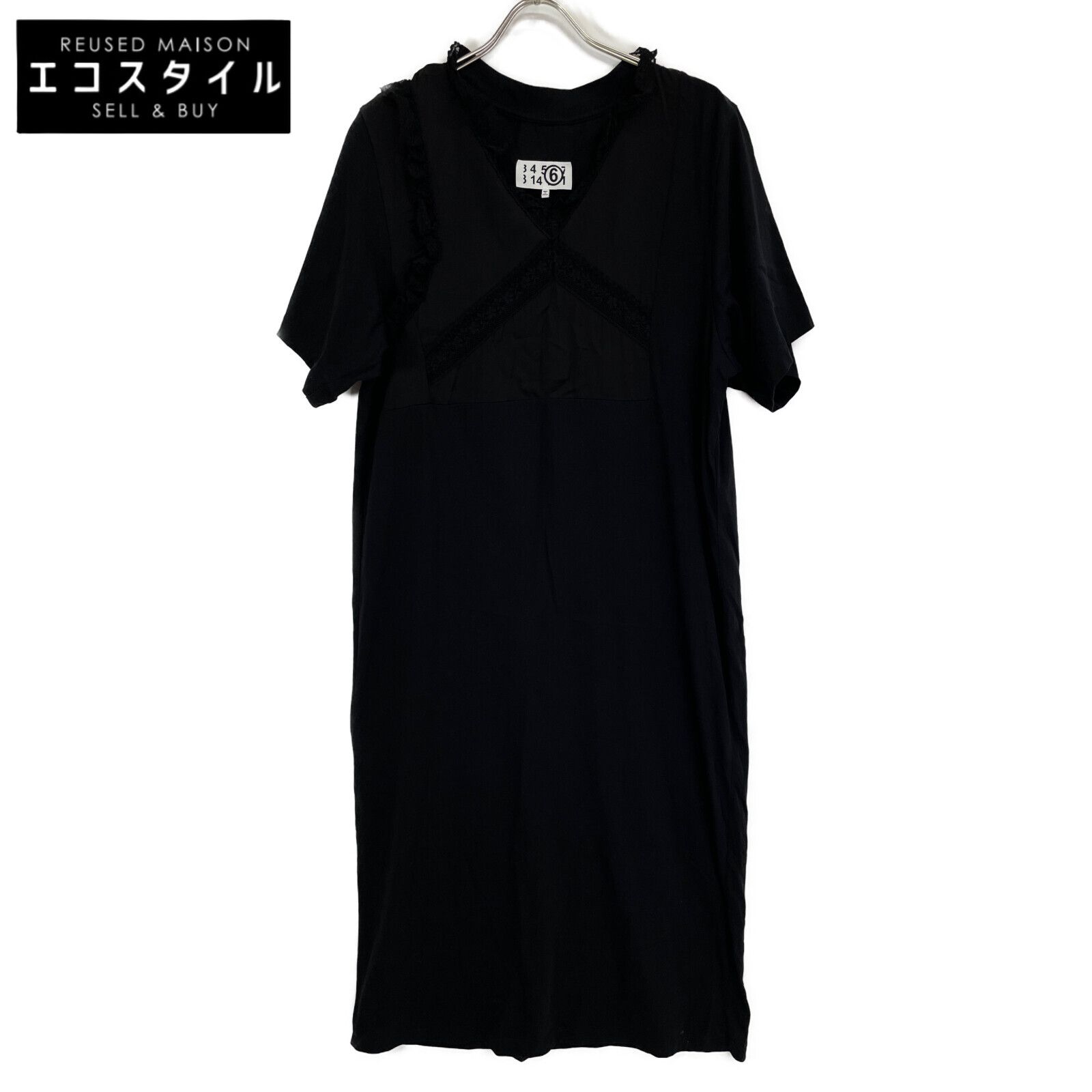 MM 6 エムエムシックス ブラック コットン レースコンビ ショートスリーブワンピース