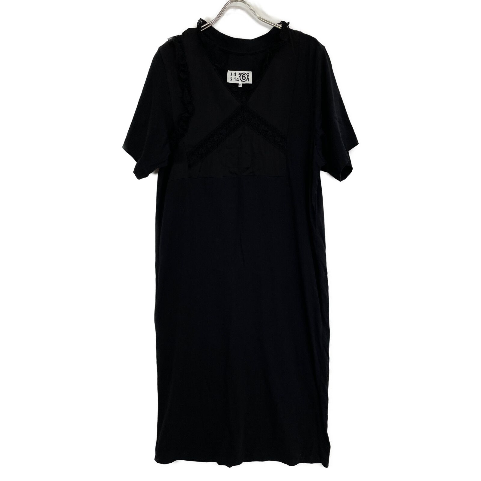 MM 6 エムエムシックス ブラック コットン レースコンビ ショートスリーブワンピース