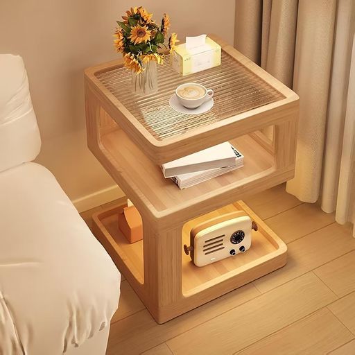 YANHAOベッドサイドテーブルナイトテーブルチェストサイドテーブルベッド横ベッドサイド収納北欧風木製S字ラックおしゃれモダン三色照明付き3段収納多機能収納ラック完成品ナチュラル