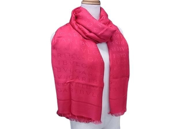 BVLGARI ブルガリ ストール ロゴマニア ピンク系 シルク60％ ウール40