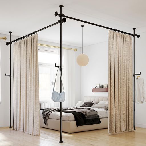 SMONTER突っ張り式パーテーション部屋の間仕切カーテンレールつっぱり棒カーテンポール高さ1.1-3.1 mx幅1.1-3.1 m縦横伸縮自在取付簡単非破壊設置工具不要3ポールブラック