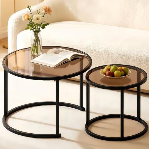 EastEamilyローテーブルネストテーブルコーヒーテーブルラウンド直径60 x高さ45.5 cm セット自由にレイアウトが 円卓炭素鋼フレーム強化ガラス天板頑丈高い安定性多機能スペース活用設…