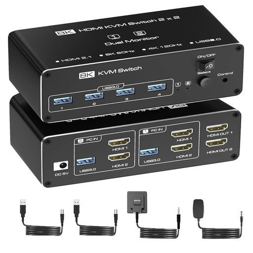 8 Kデュアルモニター HDMIKVM切替器2 PC切替2モニター同時出力USB 3.0出力口付き8 K 60 Hz 4 144 Hz対応HDMI 2.1 KVMスイッチャーキーボードマウスプリンターUSB 3.02入力4出力
