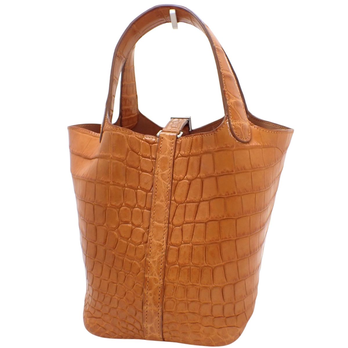 HERMES(エルメス) ピコタンロックPM ゴールド ブラウン茶 ニロティカスマット クロコダイル パラジウム金具 シルバー金具 □R刻印 ハンドバッグ トートバッグ レディース 40802155544【中古】【アラモード】 HERMES(エルメス) ピコタンロックPM ゴールド ブラウン茶 ニロティカ