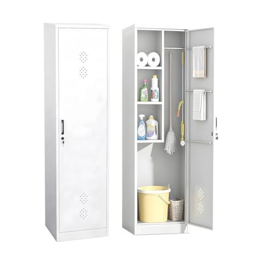 YASICAスチールロッカー掃除用具入れ物置屋外大型物置収納庫屋外倉庫室外収納庫掃除用具収納扉付き収納棚クリーナーストレージ物置き台収納ボード タオル掛け 鍵付き 換気口付きス…