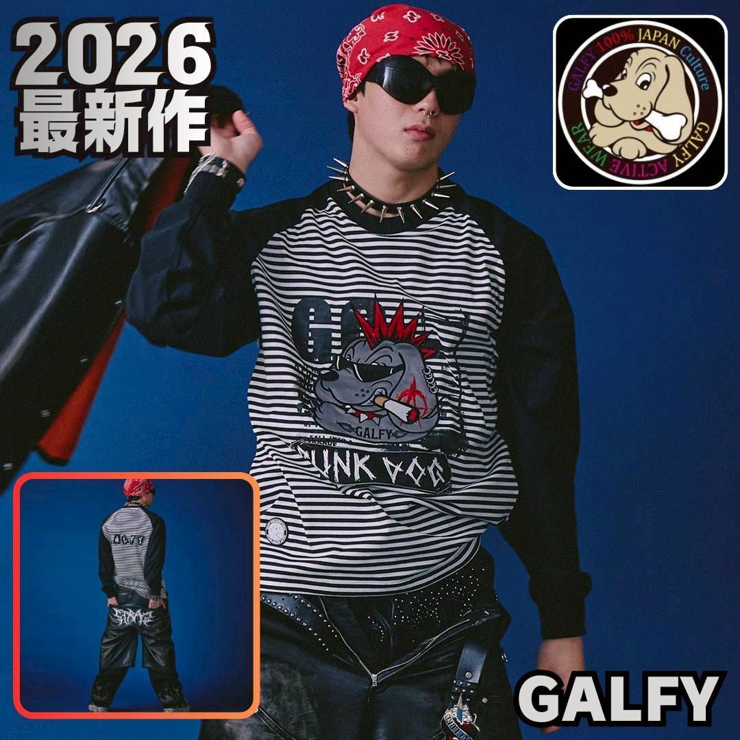 GALFY|ガルフィー|PUNK DOG ボーダーラグランロンT 長袖 ラグラン Tシャツ 2026 綿 ロゴ 刺繍 ストリート 古着系MIX Y 2 K ユニセックス 161027 ブラック|ホワイト ♥ 少量入荷