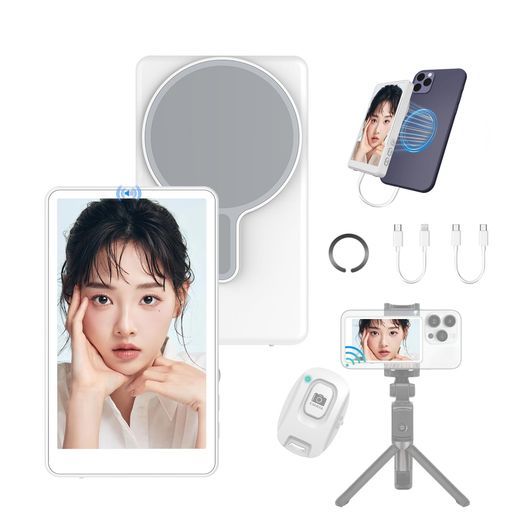 iPhone用自撮りモニタースピーカー付き磁気式スマホモニターBluetoothリモコン付きワイヤレス 有線軽量スマホ背面カメラモニター自撮り|Vlog|ライブ配信|TikTokSNS撮影に最適 ホワイト