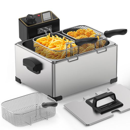 BriSunshineフライヤー電気5 L卓上フライヤー業務用3つバスケット付60° C-200° C温度調節 揚げ物天ぷら唐揚げバスケット付き省スペースステンレス鋼防錆性ありお手入れ簡単家庭用|ギョウ…