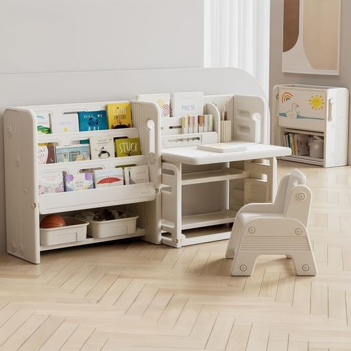 OSJ絵本棚 折りたたみキッズデスクチェアセット多機能絵本ラックおもちゃ収納省スペースお絵描きデスク棚付きキッズテーブルミニテーブル