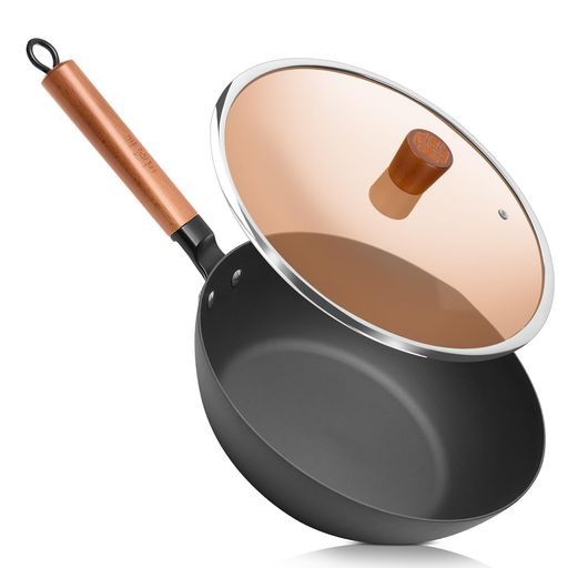 深型フライパン28 cm鉄炒め鍋中華鍋窒化鉄錆びにくいiH対応ガス火用煮茹炒める焼く肉料理木製ハンドルガラス蓋付きお手入れ簡単調理器具2-3人家庭業務用