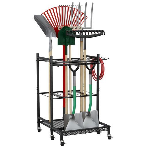 HEEOREVガーデンツールオーガナイザーガーデニング棚収納ラック 43 x 48 80 cm 掃除用具収納キャスター付き移動が容易掃除道具農具収納多機能倉庫ガレージ 物置 地下室に最適 ブラック