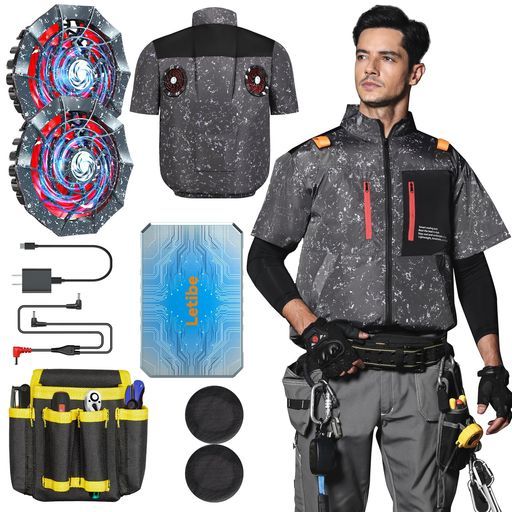 ファン付き作業服最強 mAhファンバッテリーセット半袖AI自動調節機能16 Vから42 Vまで調節 二重制御モード30 W超高速充電発火防止アルミ加工PSE認証済熱中症対策作業用ツールポーチ…