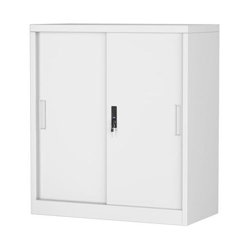 GangMeiスチール書庫鍵付き書庫鍵付きキャビネット引き戸タイプ防衝撃機能付きA 収納可動棚幅80*奥行40*高さ90 cm組み立て必要ホワイト