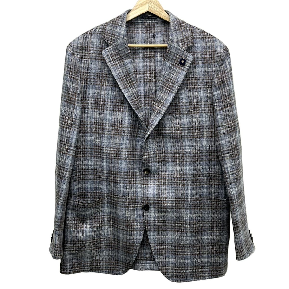 lardini ラルディーニ ジャケット サイズ54 メンズ - ネイビー×白×ダークブラウン 長袖|シルク混|チェック柄|春|秋