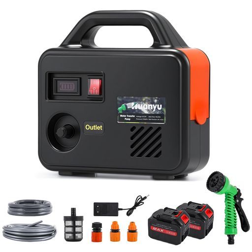 Huanyu自吸式ウォーターポンプ充電式水中ポンプコードレス15 L|MINバッテリー1500 mAh*2最大揚程15 M|吸程4.5 Mスプレーガン7段調整100 W水耕栽培|洗車|庭園灌漑用3 M進水管 10 M出水管