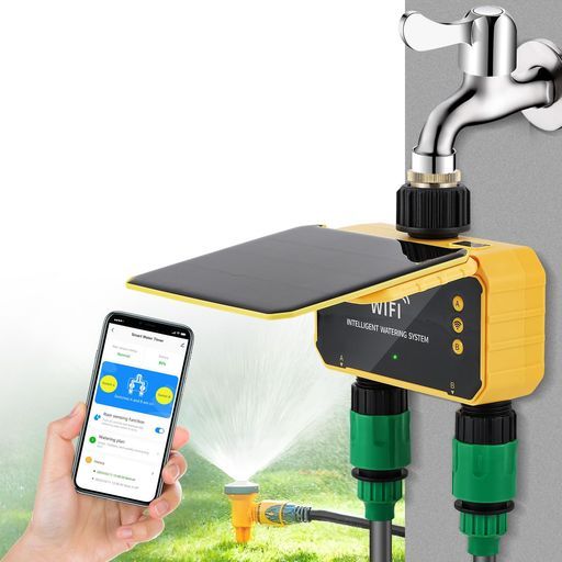 Moongiantgo散水タイマー出水2口WiFi機能ソーラーパネル付簡単設定アプリ接続曜日別設定 雨センサー付水やり器充電式蛇口接続散水開始時刻設定 手動散水機能自動散水お庭 ベラン…