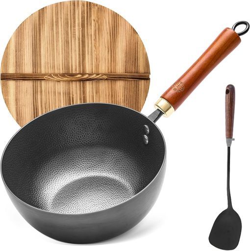 中華鍋ミニ炒め鍋深さ9 cm中華鉄ヘラ鉄鍋22 cm焦げつきにくい窒化加工表面凹凸コーティングなし天然木製蓋セットIH対応ガス火焼く揚げる煮る高熱効率