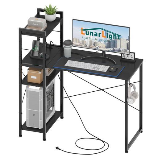 LunarLightPCパソコンデスク幅机110奥行48高さ110 cmテレワーク左右組み換え自由棚板高さ調節 コンセント付きラック付きデスク110幅収納たっぷりゲーミングデスクオフィスデスク書斎収納…